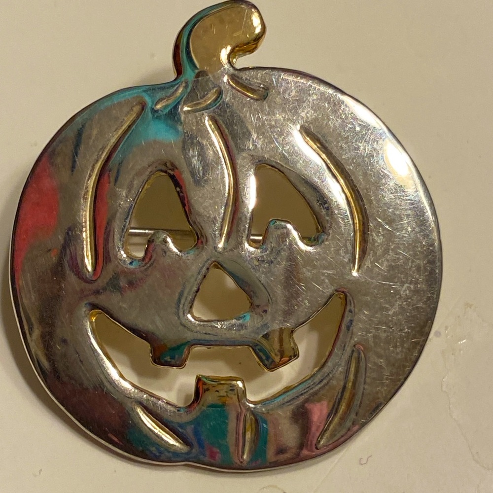 VTG Signed MJ Pumpkin Jack O Lantern Halloween Silverplate Brooch Pin Pendant